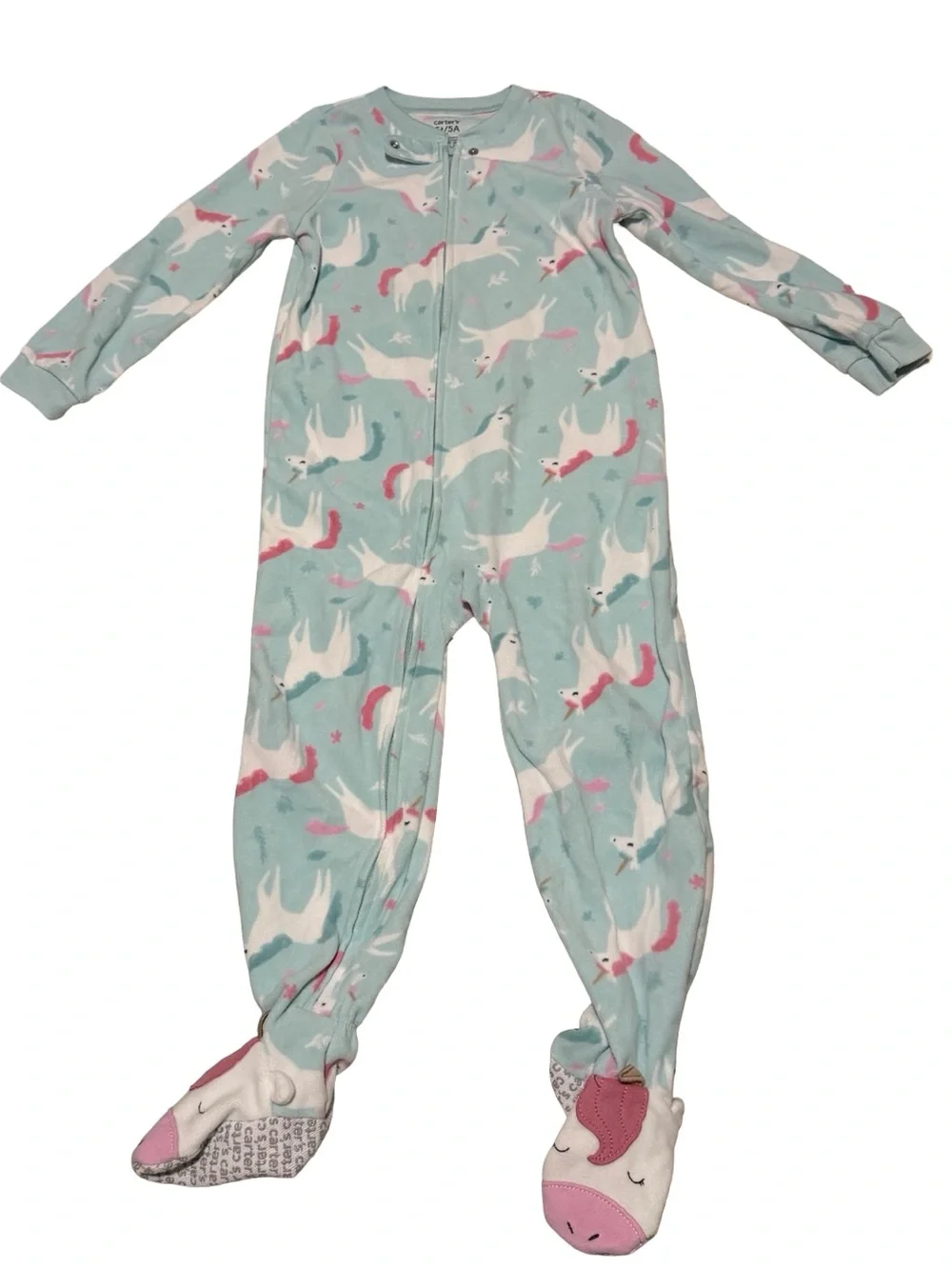 Carter’s Girls Fleece Unicorn Footed Pajamas Blue Zip Up Sleeper 5T